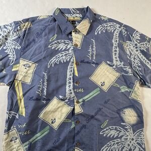 Tommy Bahama Button Up Shirt Mens XL Blue Silk Tropical Palm Tree Postcard Print
